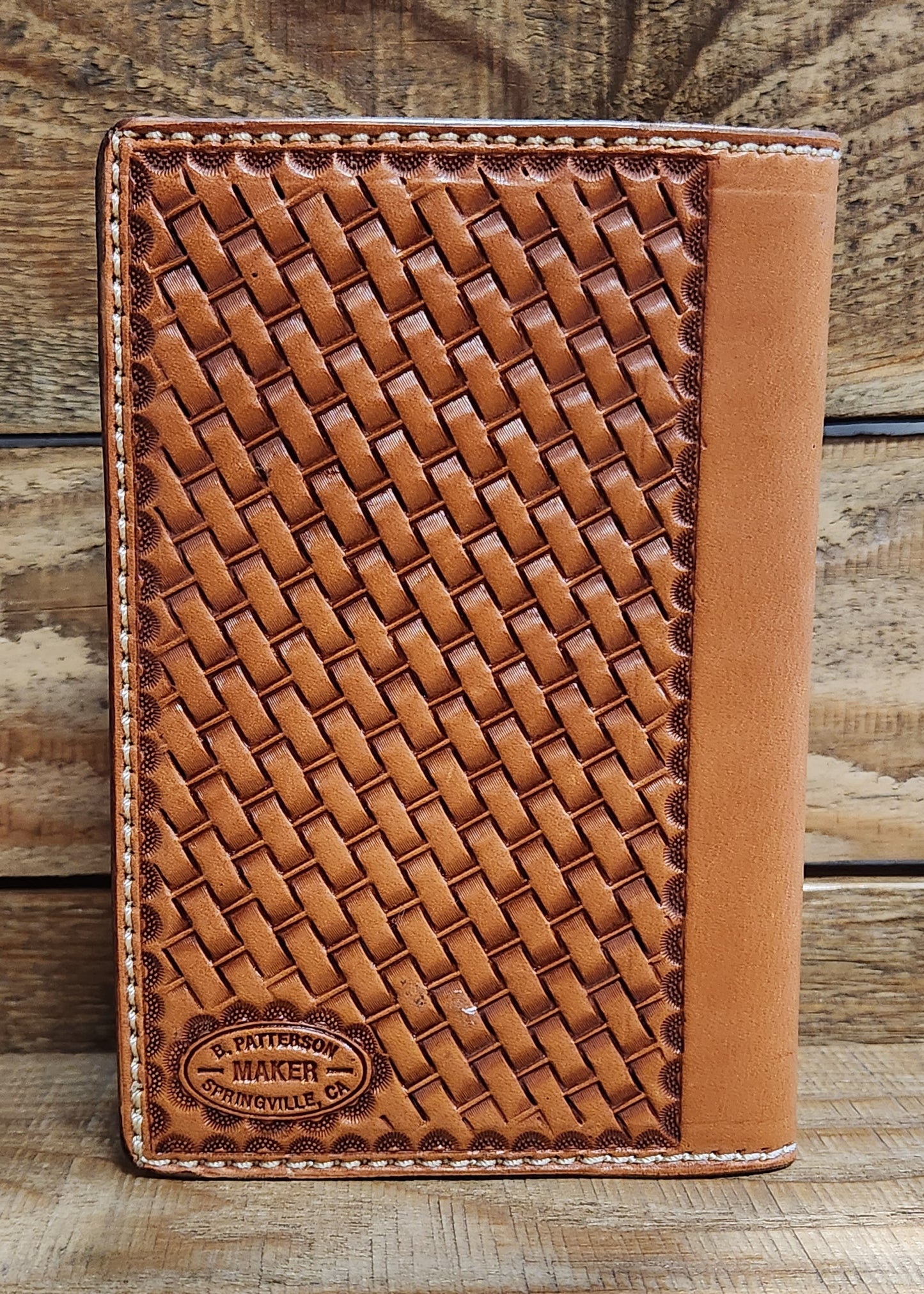 Field Notebook\ Tally Book Cover with Basket Weave Tooling in an Antique Finish