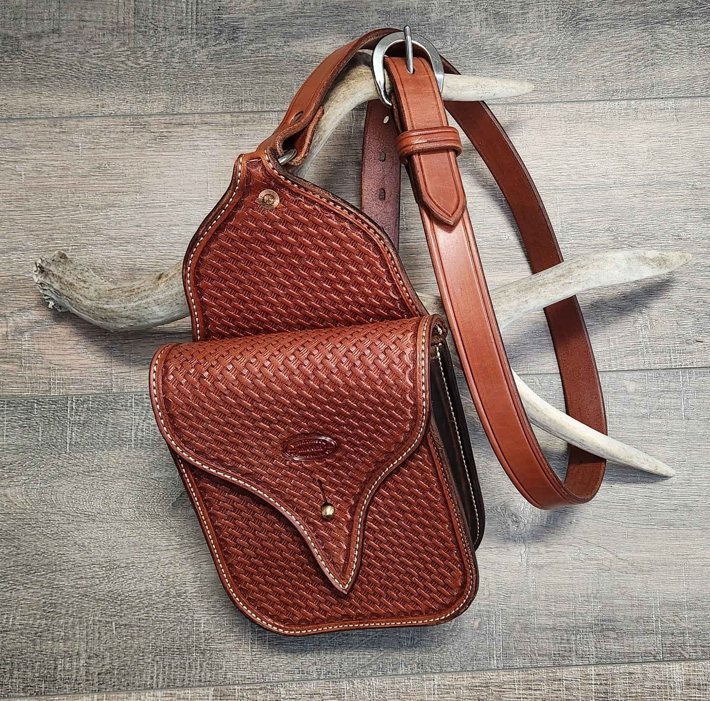 Leather Cross Body Bag with Basket Weave Tooling in a Chestnut Finish