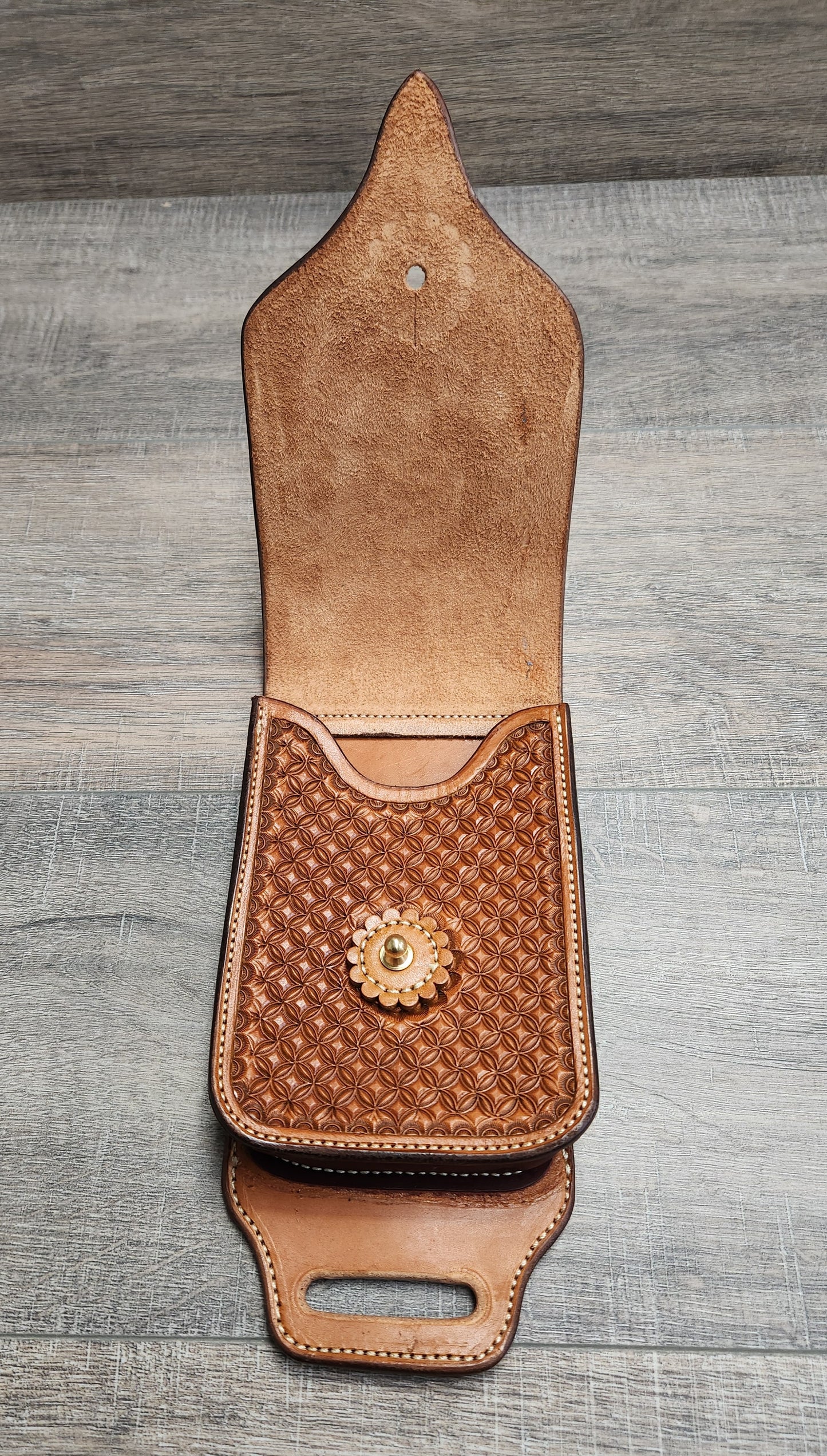 Leather Cell Phone/ Utility Case for Saddle with Geometrical Tooling in a Tan Finish