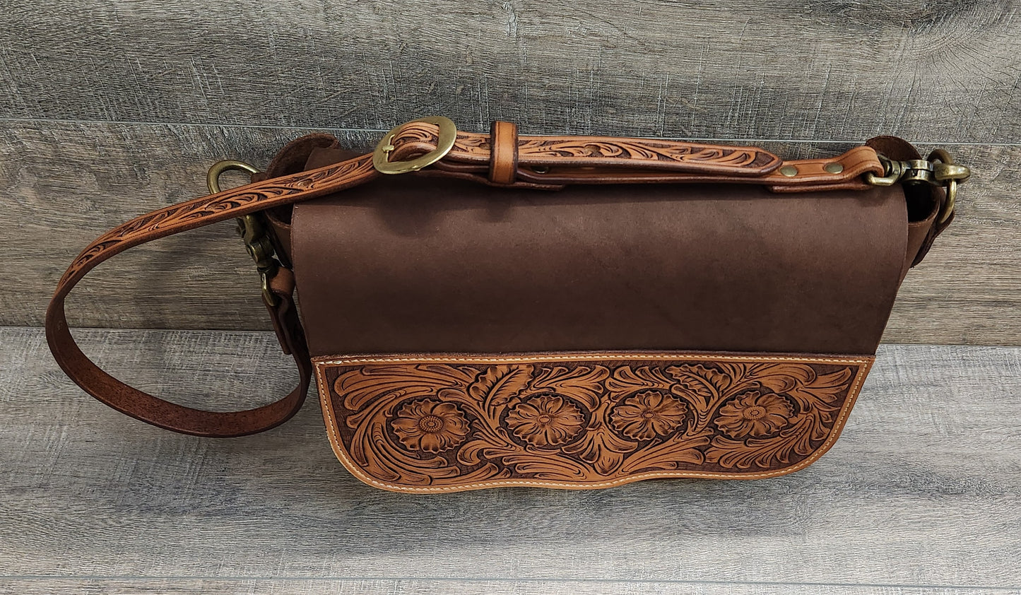 Woman's Leather Purse/Handbag with Floral Tooling in a Medium Brown Finish
