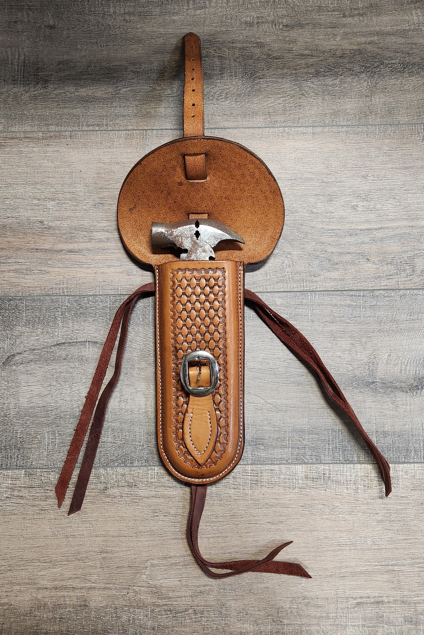 Leather Fence Plier Case with Basket Weave Tooling in a Medium Brown Finish