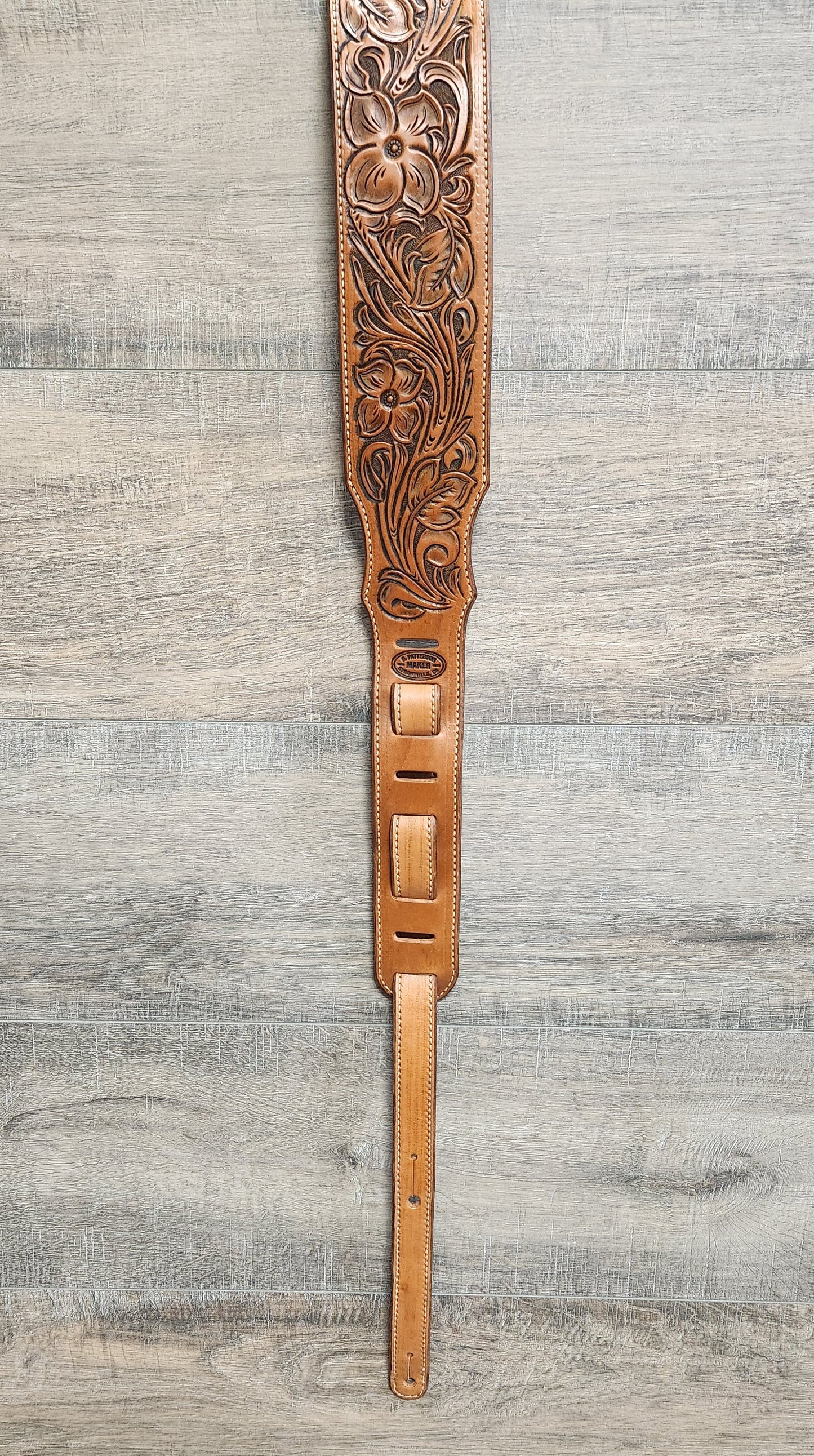 Leather Guitar Strap with Floral Tooling in a Medium Brown Finish