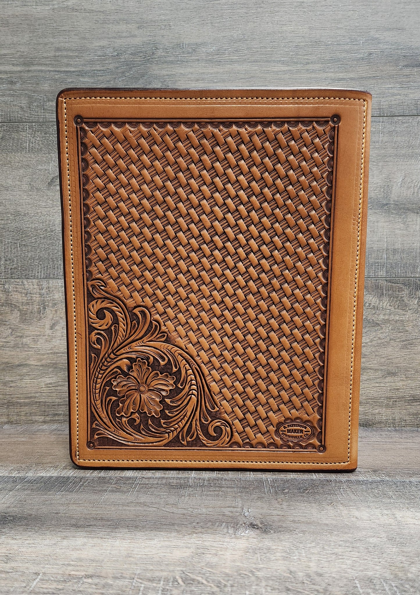 Floral Tooled Leather Portfolio in Medium Brown Finish