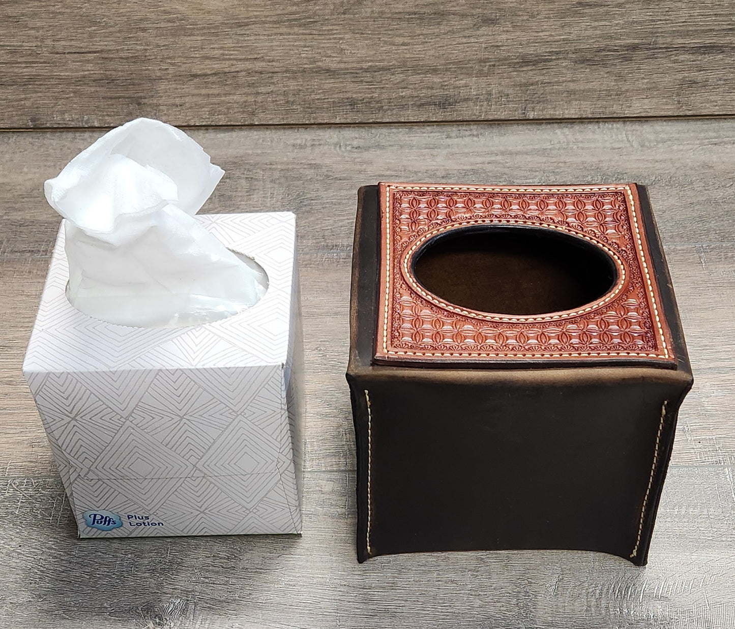 Leather Tissue Box Cover with Geometric Tooling in a Tan Finnish