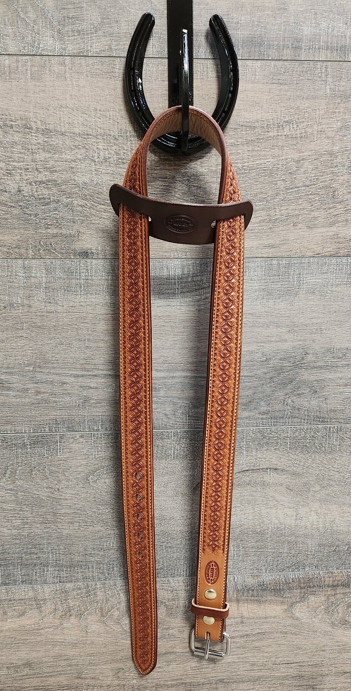 Geometric Tooled Belt with Tan Finish - Size 42