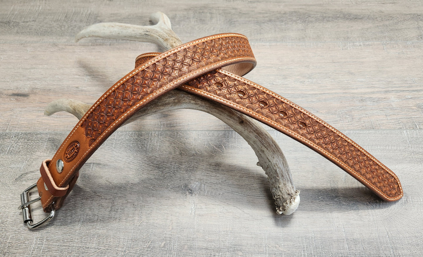 Geometric Tooled Belt with Medium Brown Finish - Size 34