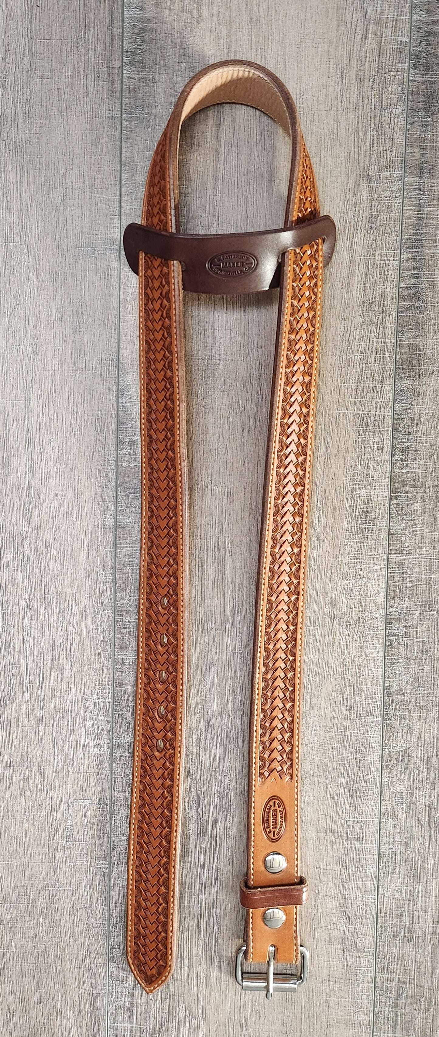 Geometric Tooled Belt with Tan Finish - Size 42