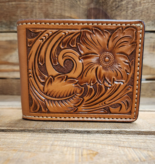 Bifold Wallet with Floral Tooling in an Antique Finish