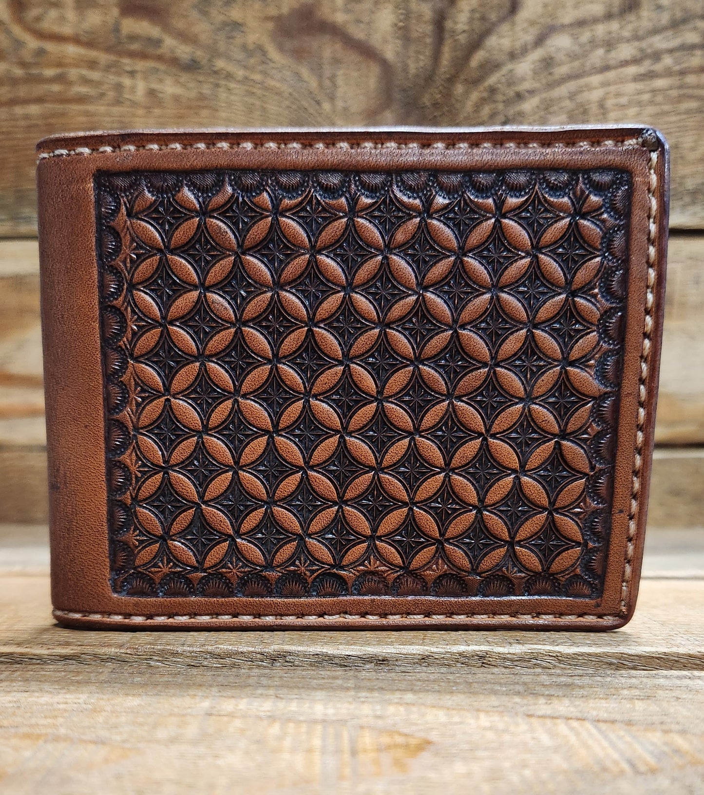 Bifold Wallet with Geometric Tooling in a Medium Brown Antique Finish