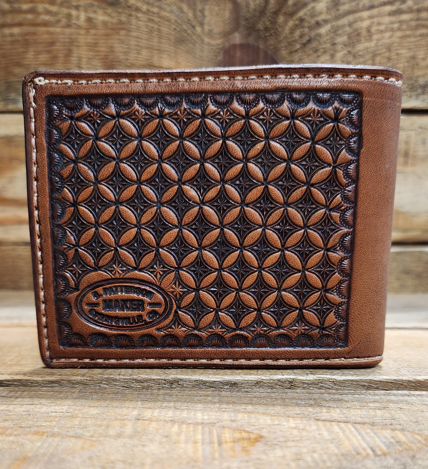 Bifold Wallet with Geometric Tooling in a Medium Brown Antique Finish