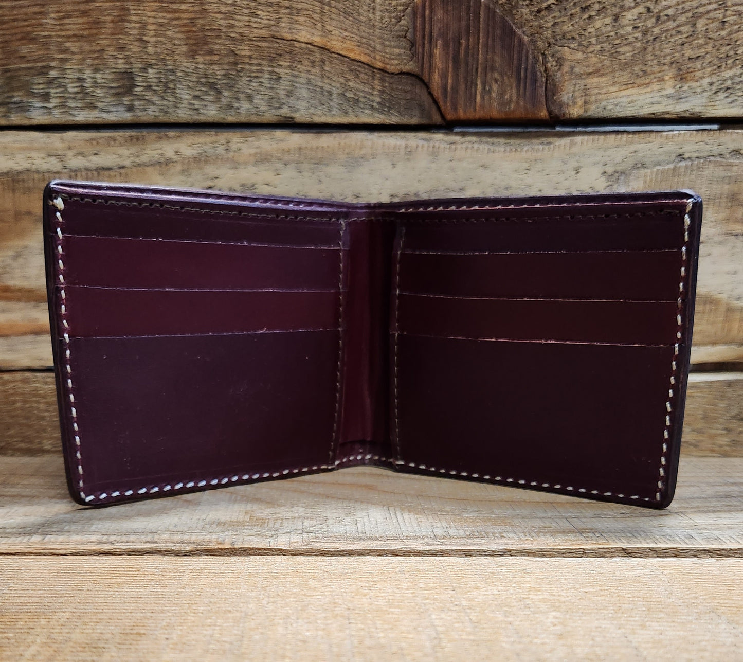 Bifold Wallet with Geometric Tooling in a Medium Brown Antique Finish