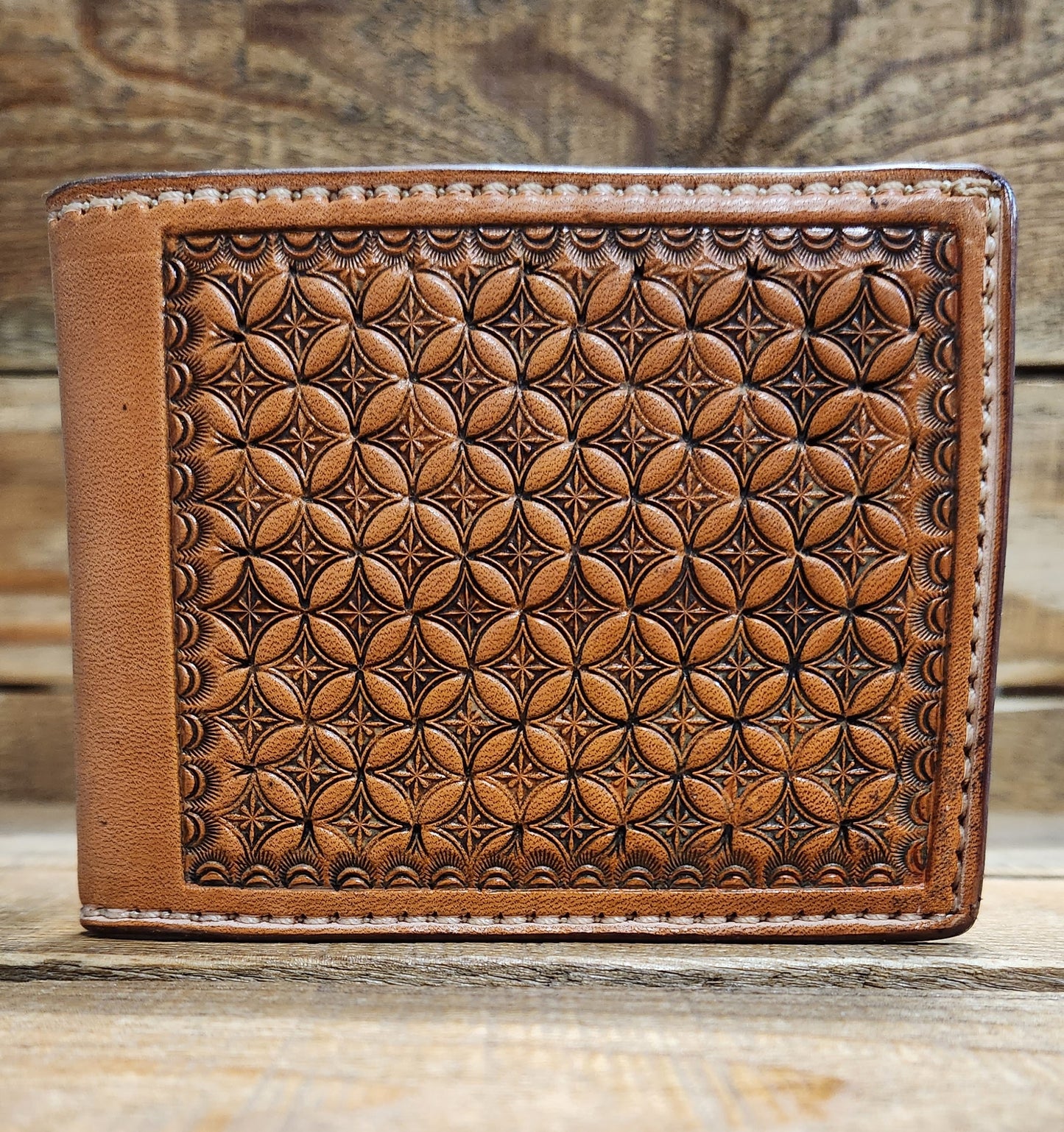 Bifold Wallet with Geometric Tooling in an Antique Finish