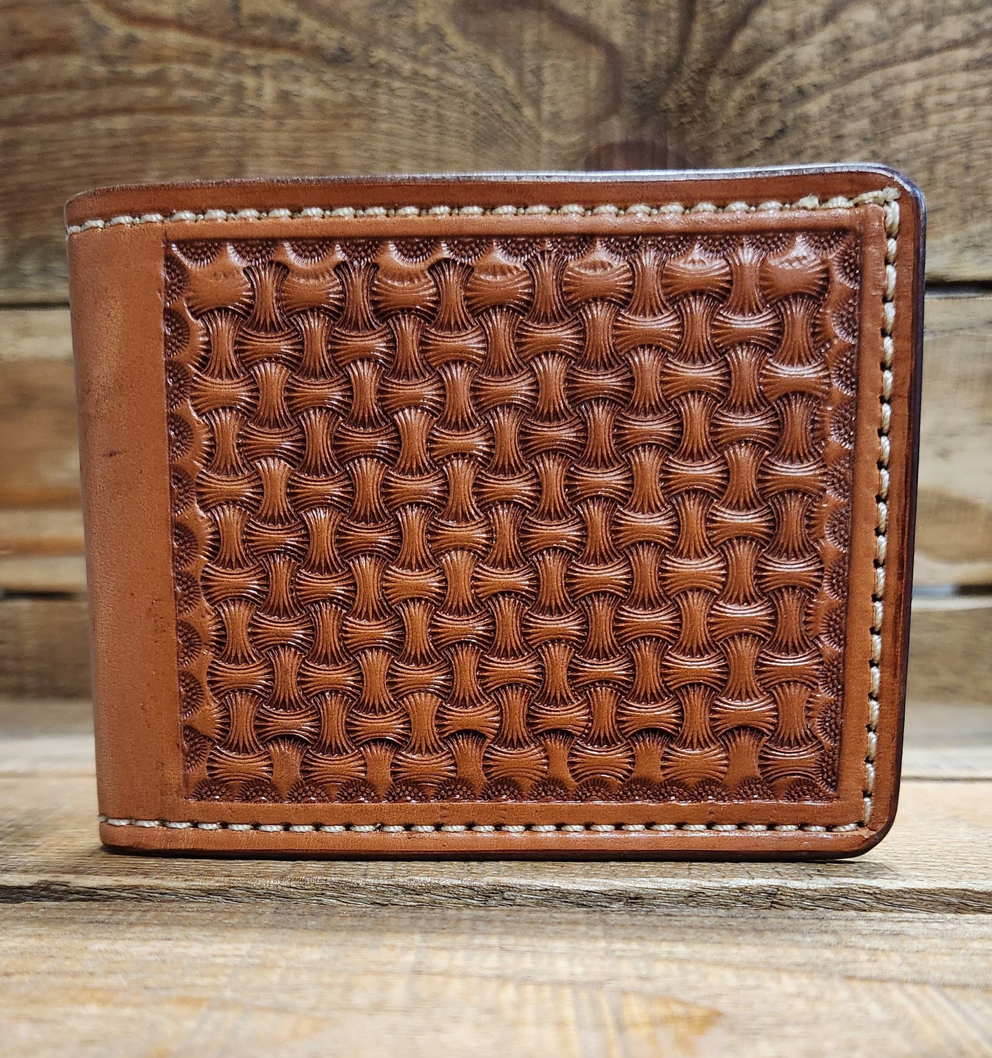 Bifold Wallet with Basket Weave Tooling in an Antique Finish