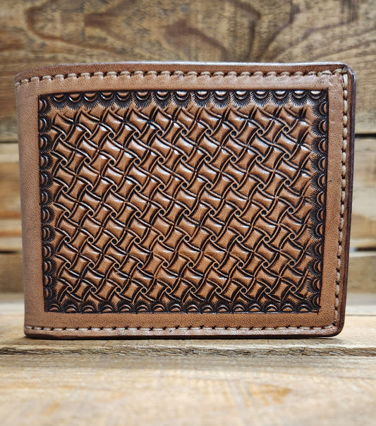 Bifold Wallet with Geometric Tooling in a Medium Brown Finish