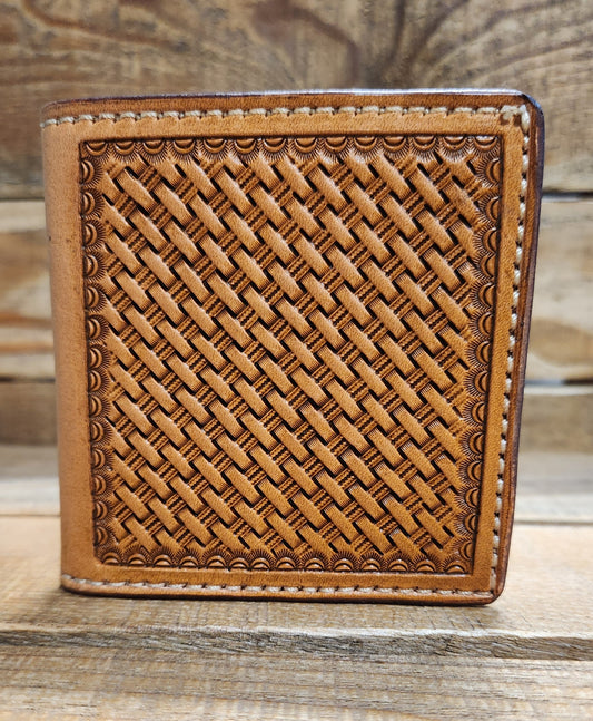 Bifold Wallet with a Basket Weave Tooling in an Antique Finish