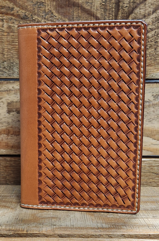 Field Notebook\ Tally Book Cover with Basket Weave Tooling in an Antique Finish