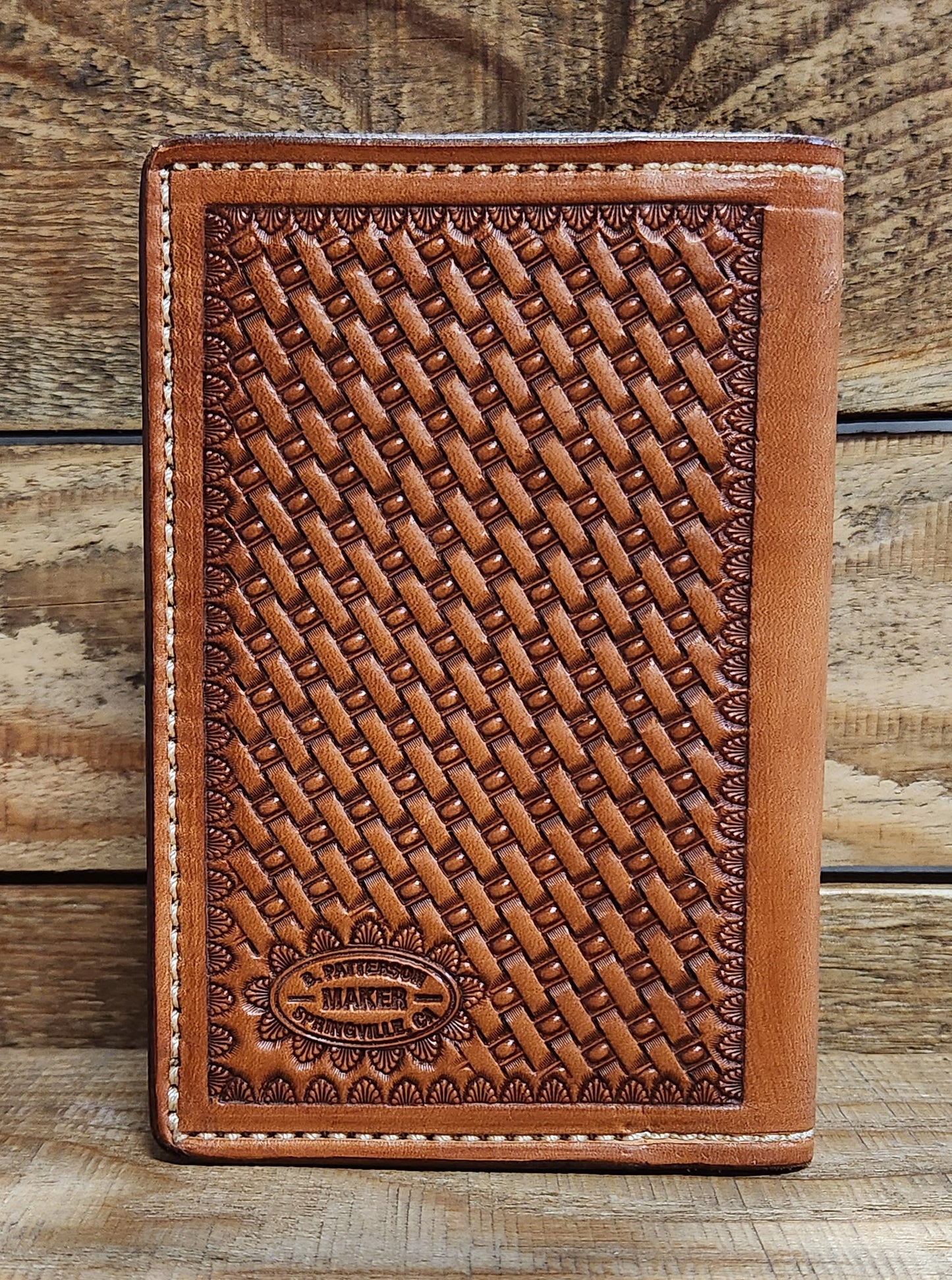 Field Notebook\ Tally Book Cover with Basket Weave Tooling in an Antique Finish