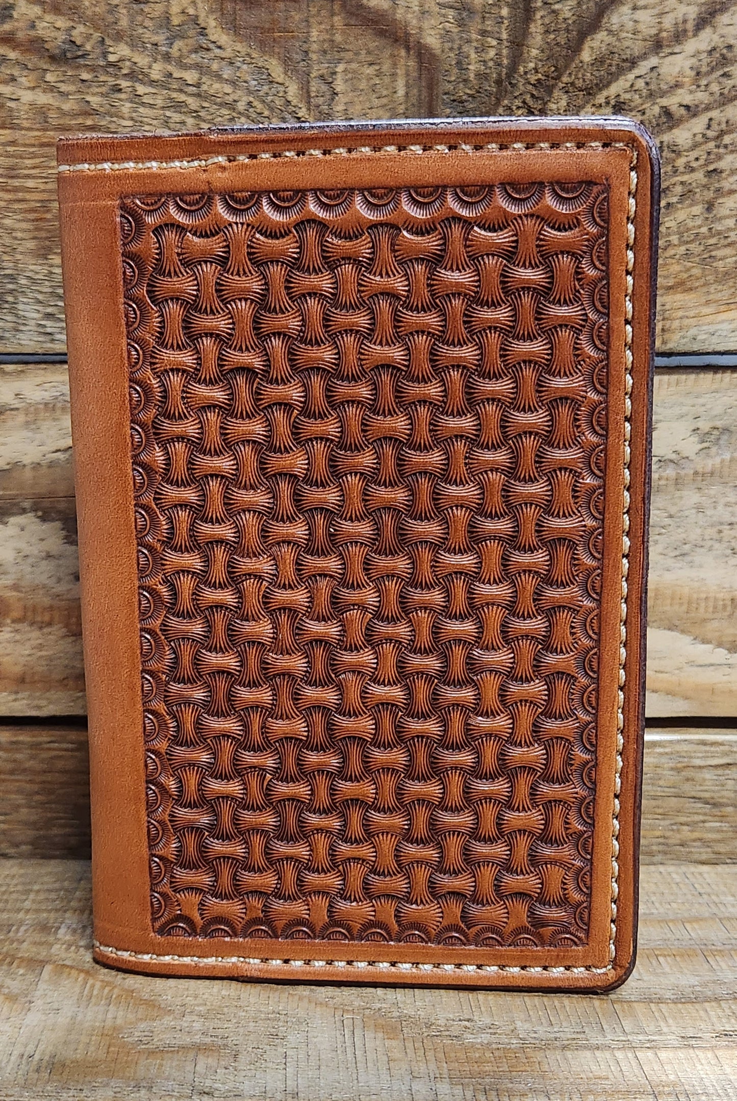 Field Notebook\ Tally Book Cover with Axe Head Basket Weave Tooling in an Antique Finish