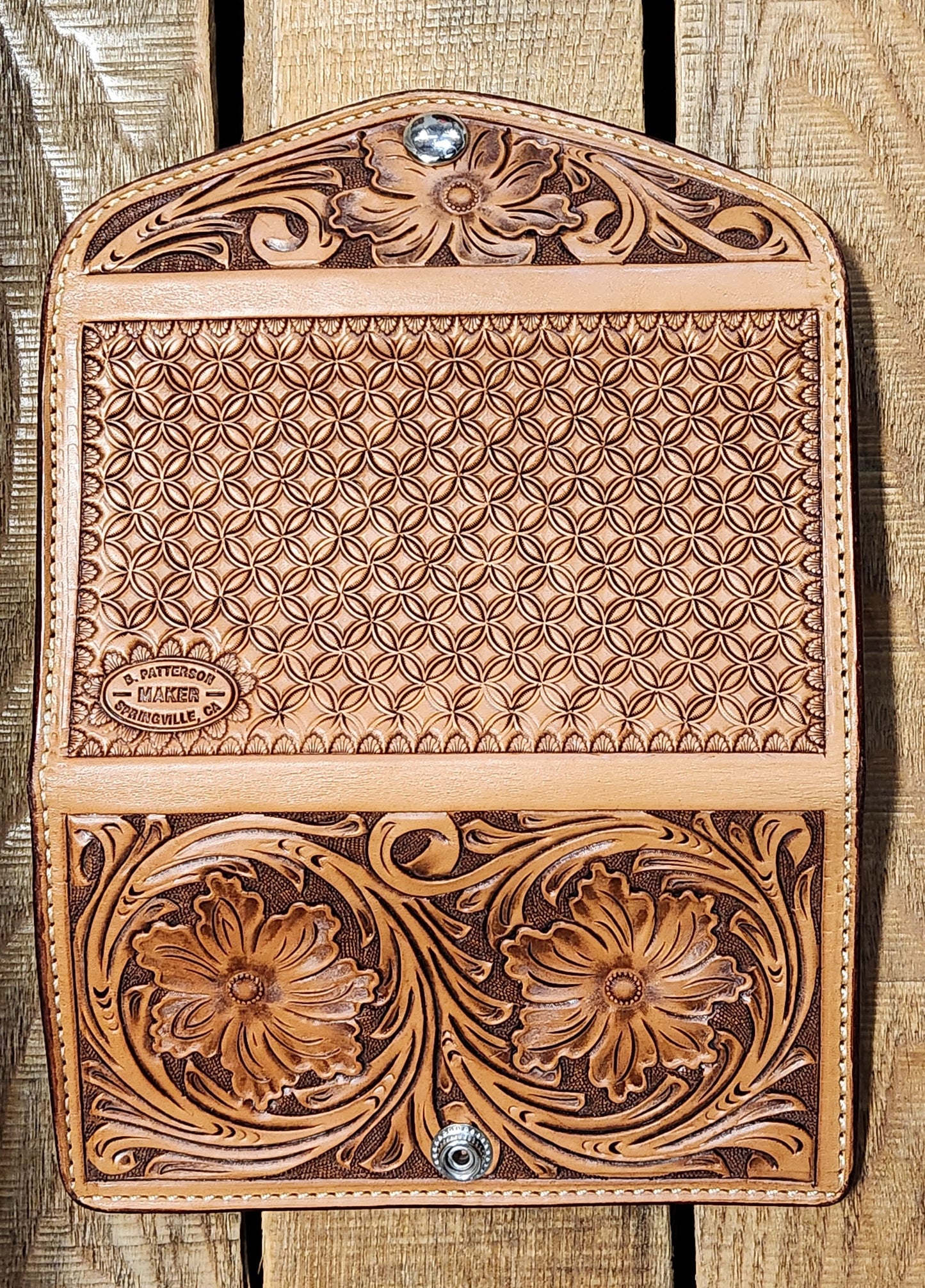 Women's Clutch Wallet with Floral Tooling and Antique Medium Brown Finish