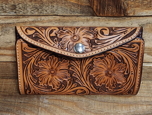 Women's Clutch Wallet with Floral Tooling and Antique Medium Brown Finish