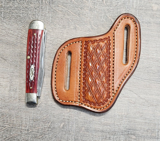 Leather Pancake Trapper Knife Case with Diamond Tooling in a Tan Finish