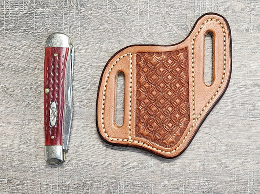 Leather Pancake Trapper Knife Case with Geometric Tooling in Tan Finish