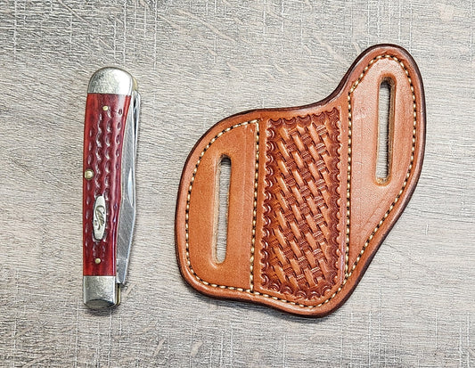 Leather Pancake Tapper Knife Case with Basket Weave Tooling in Tan Finish