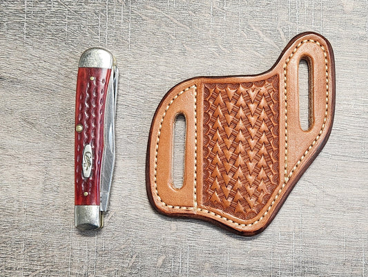 Leather Pancake Trapper Knife Case with Arrowhead Tooling in Tan Finish