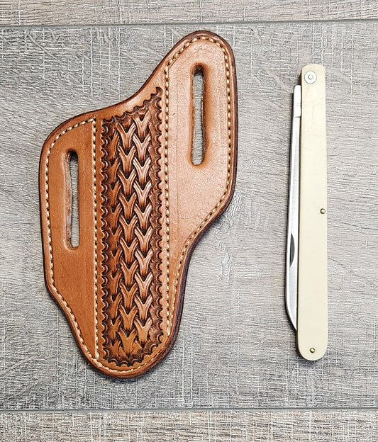 Leather Pancake Case for Fruit Sampling Knife with Weave Tooling in Medium Brown Finish