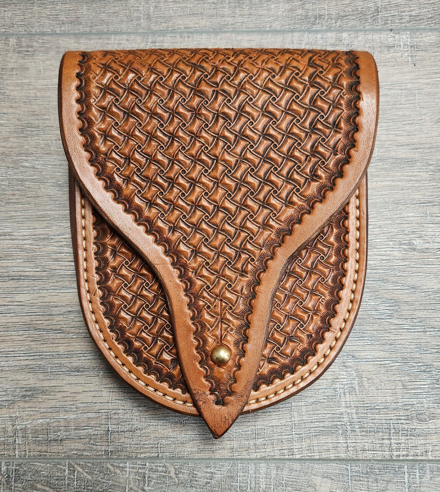 Leather Belt Pouch with Geometric Tooling in Medium Brown Finish