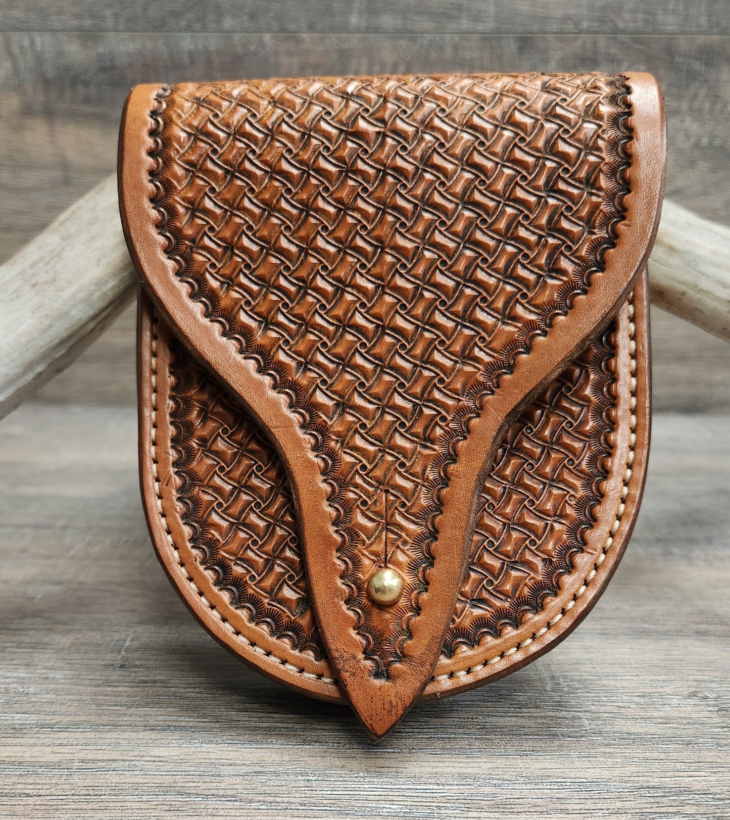 Leather Belt Pouch with Geometric Tooling in Medium Brown Finish