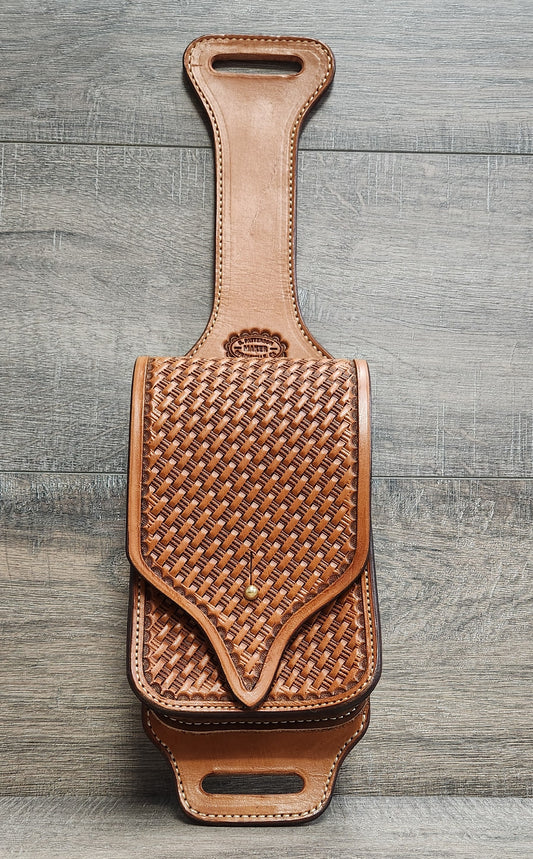 Leather Cell Phone/Utility Case for Saddle with a Basket Weave in a Tan Finish