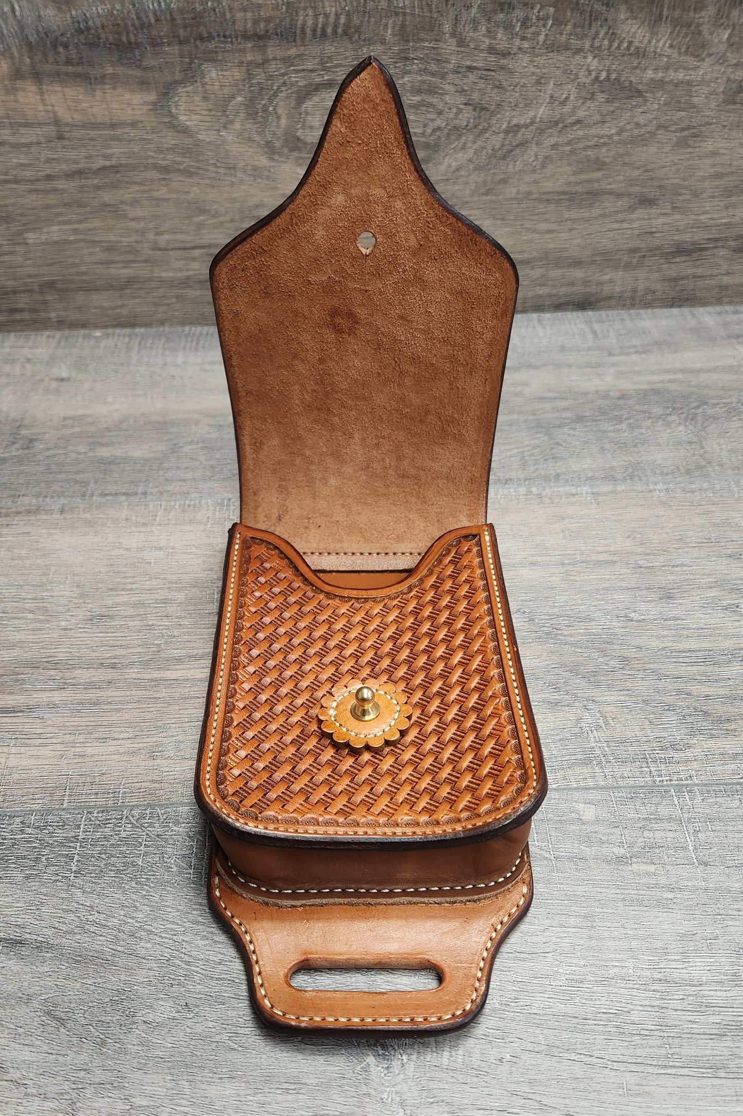 Leather Cell Phone/Utility Case for Saddle with a Basket Weave in a Tan Finish