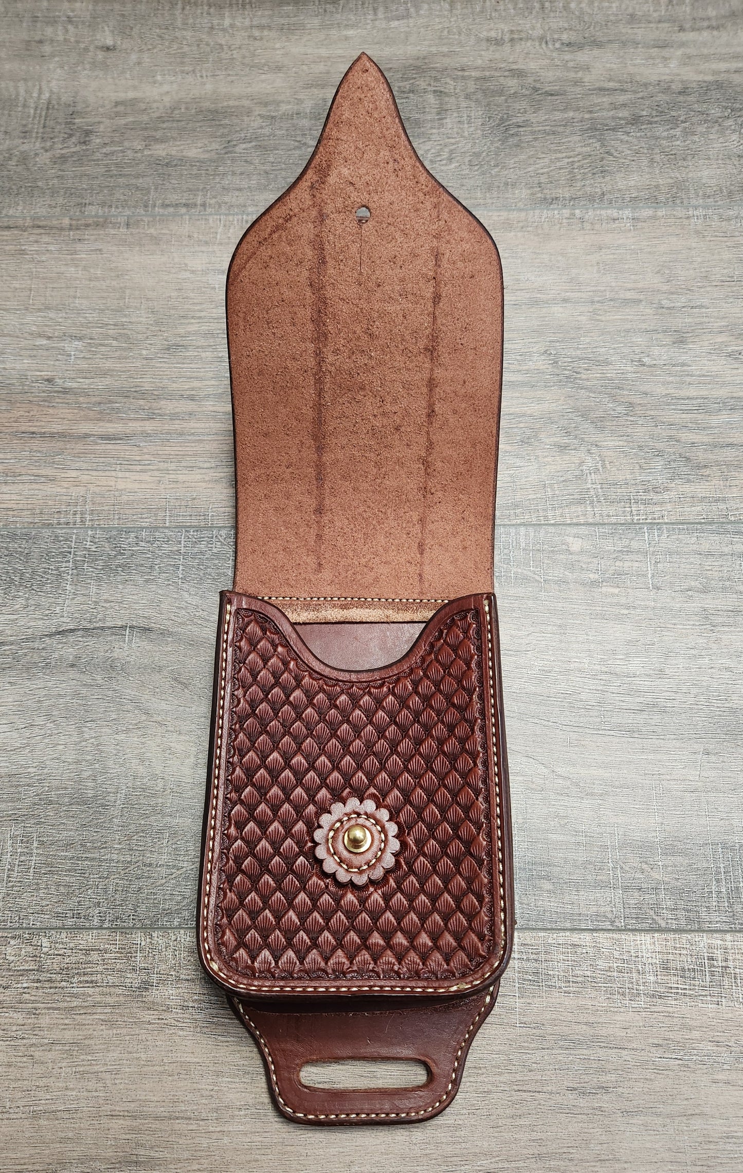 Leather Cell Phone/ Utility Case for Saddle with Seashell Tooling in a Brown Finish