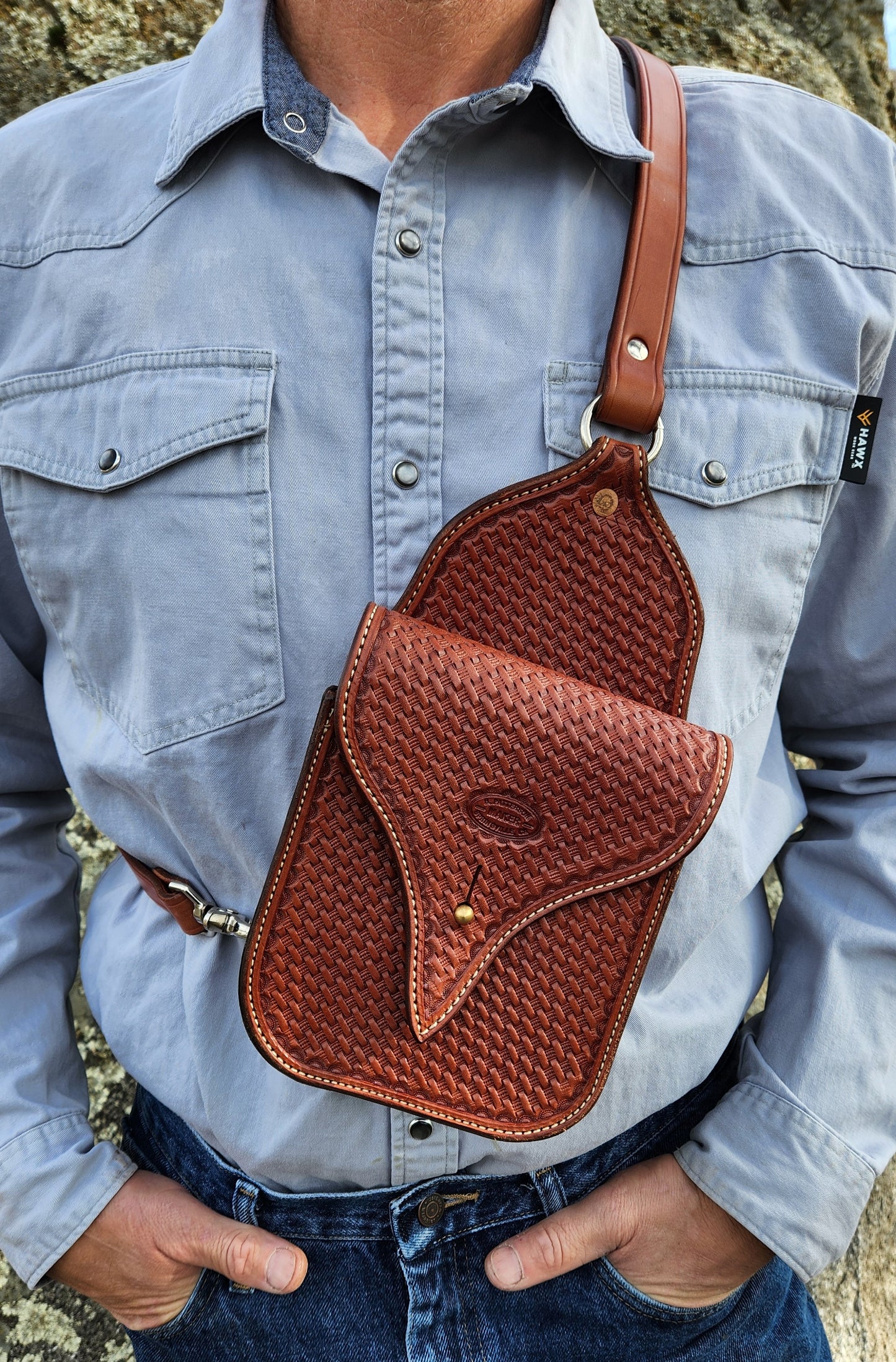 Leather Cross Body Bag with Basket Weave Tooling in a Chestnut Finish