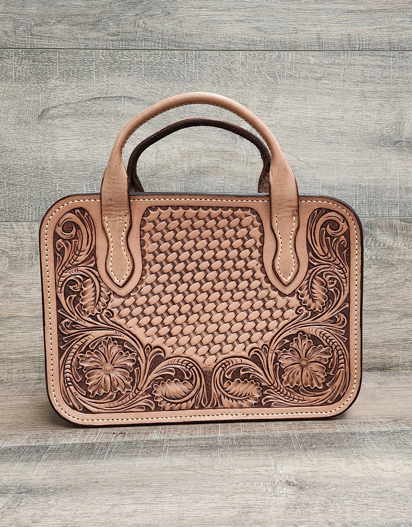 Floral Tooled Leather Padded Case in Tan Finish