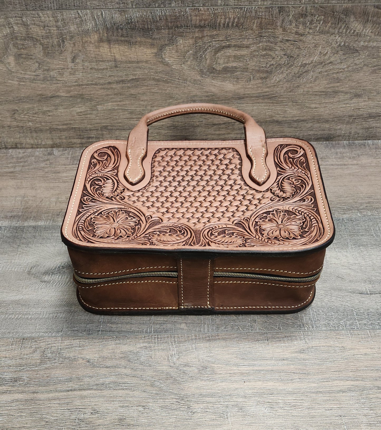 Floral Tooled Leather Padded Case in Tan Finish