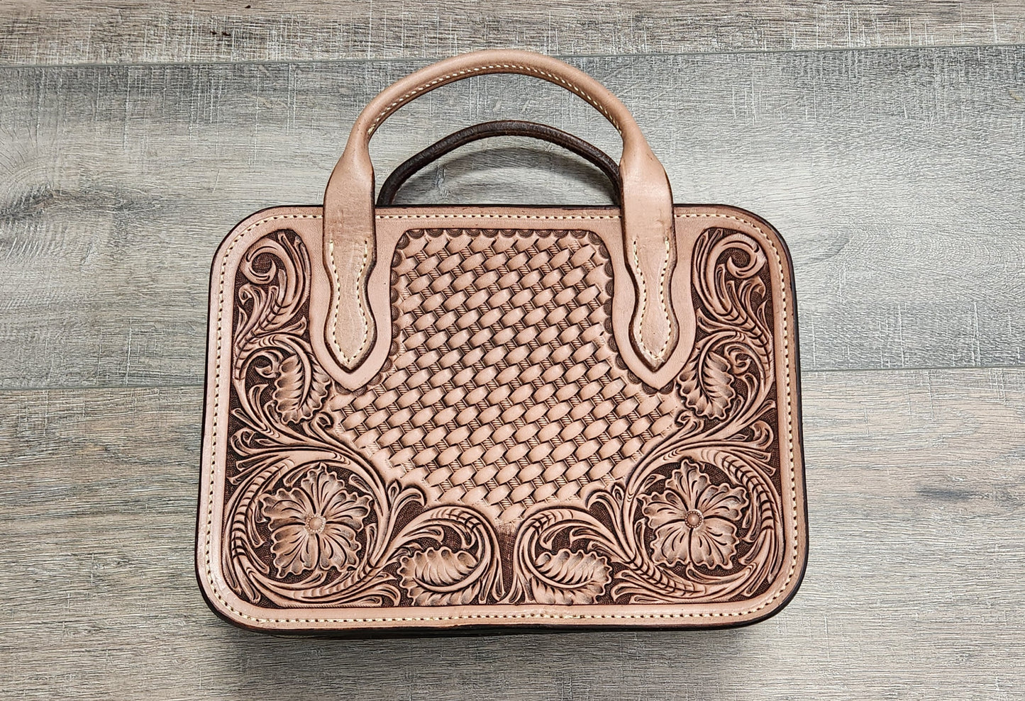 Floral Tooled Leather Padded Case in Tan Finish