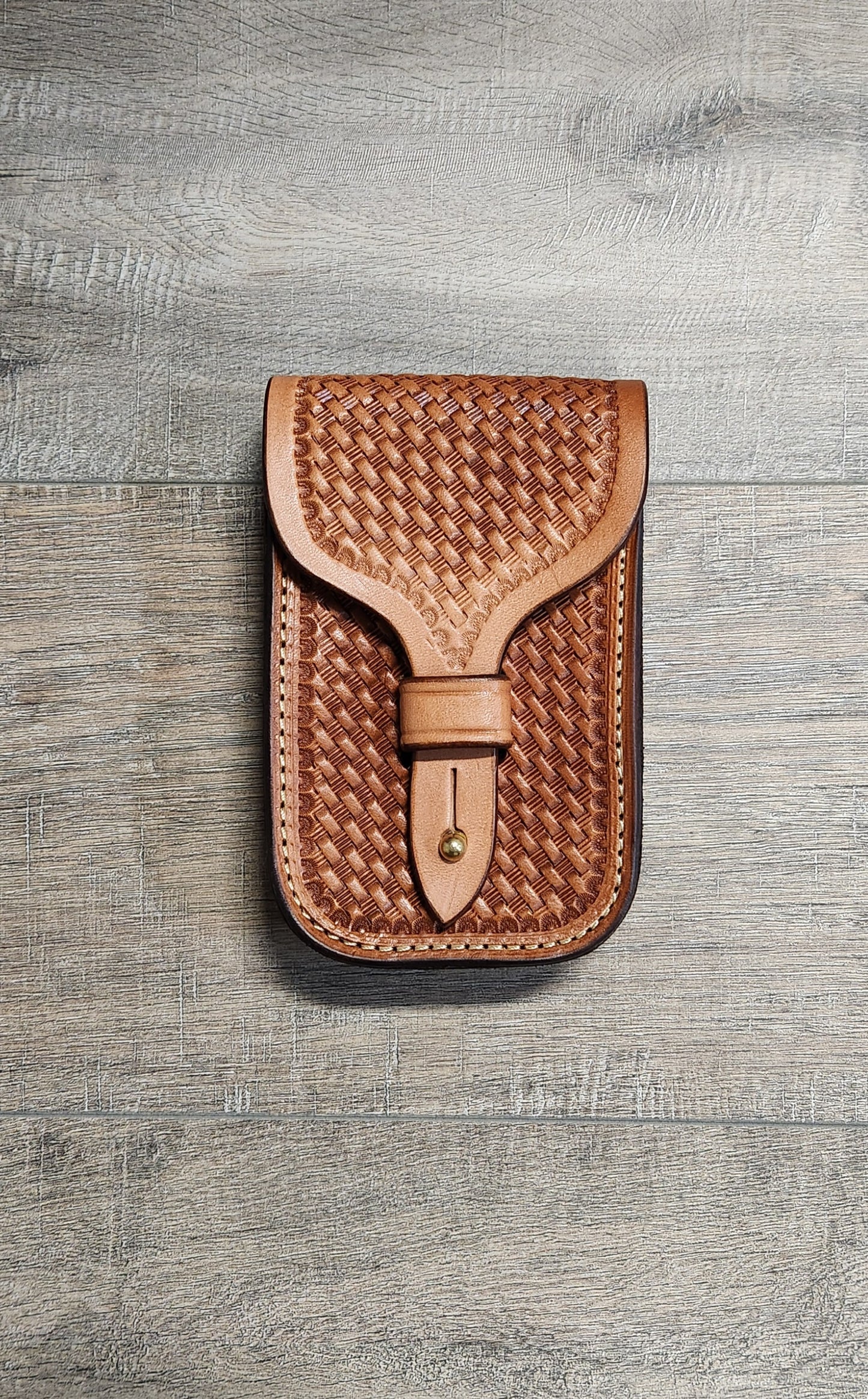 Leather Cell Phone Case, Oiled Finish with Basket Weave Tooling