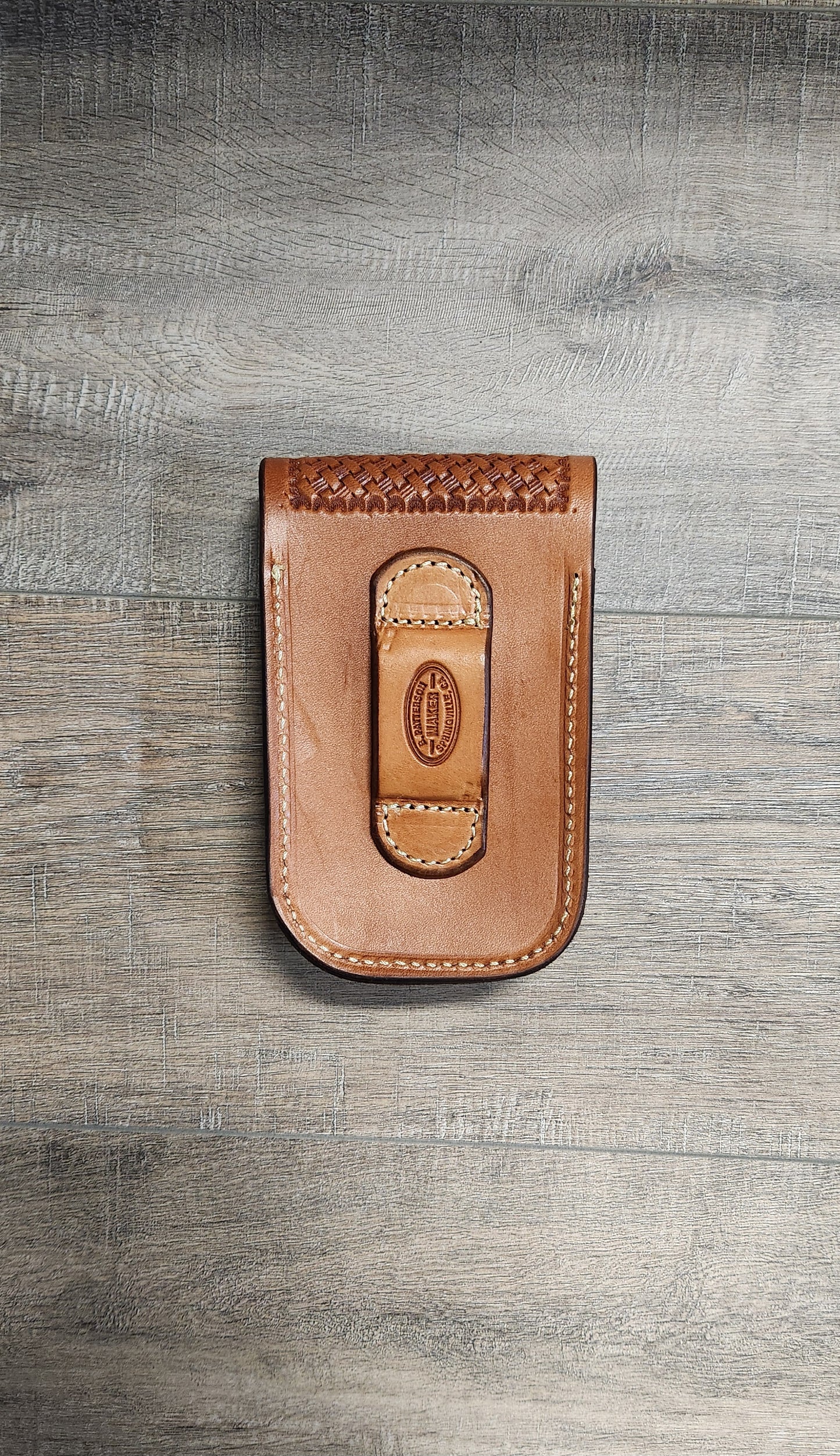 Leather Cell Phone Case, Oiled Finish with Basket Weave Tooling