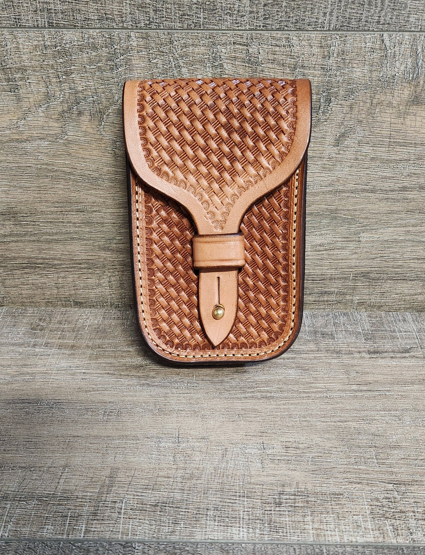 Leather Cell Phone Case, Oiled Finish with Basket Weave Tooling