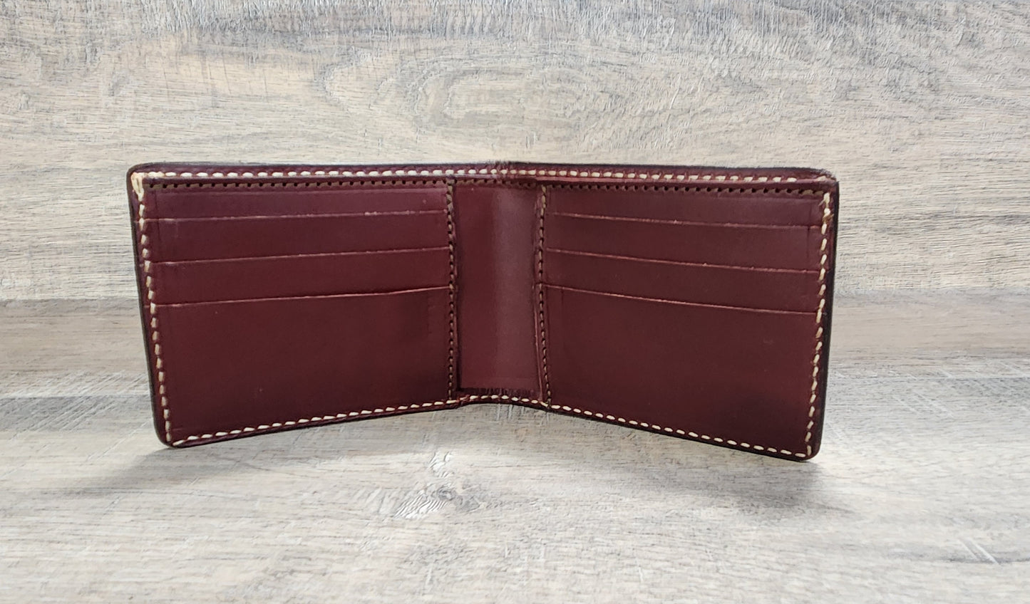 Bifold Leather Wallet with Geometric Tooling in Medium Brown Antique Finish