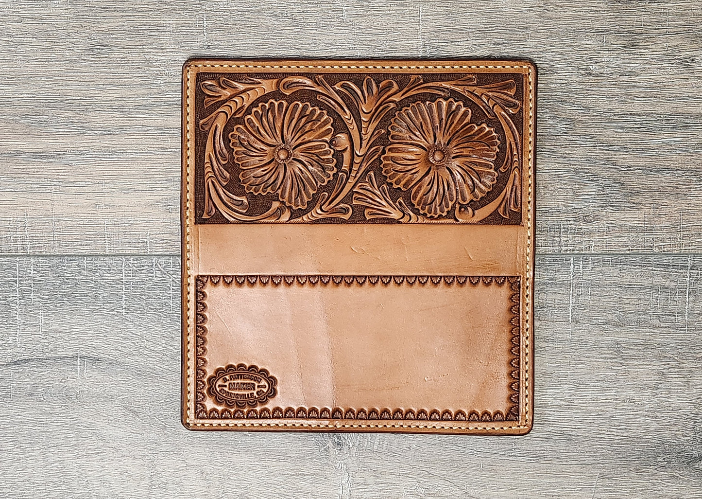 Checkbook Cover with Floral Tooling in Medium Brown Finish