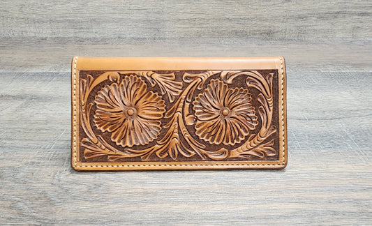 Checkbook Cover with Floral Tooling in Medium Brown Finish