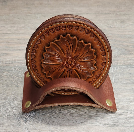 Leather Coaster Sets with Floral Tooling in a Tan Finish