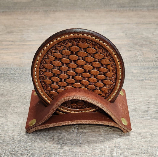 Leather Coaster Set with Basket Weave Tooling in a Tan Finish