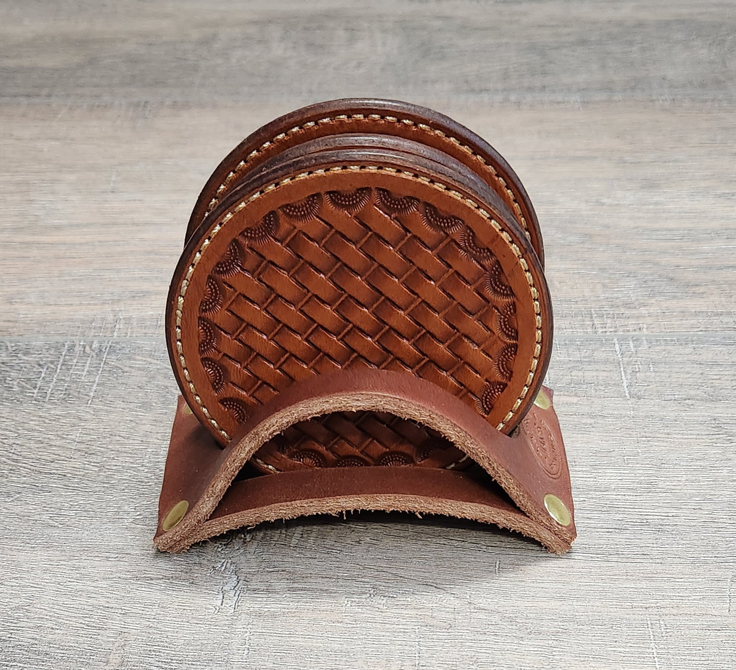 Leather Coaster Set with Mixed Patterns in a Tan Finish