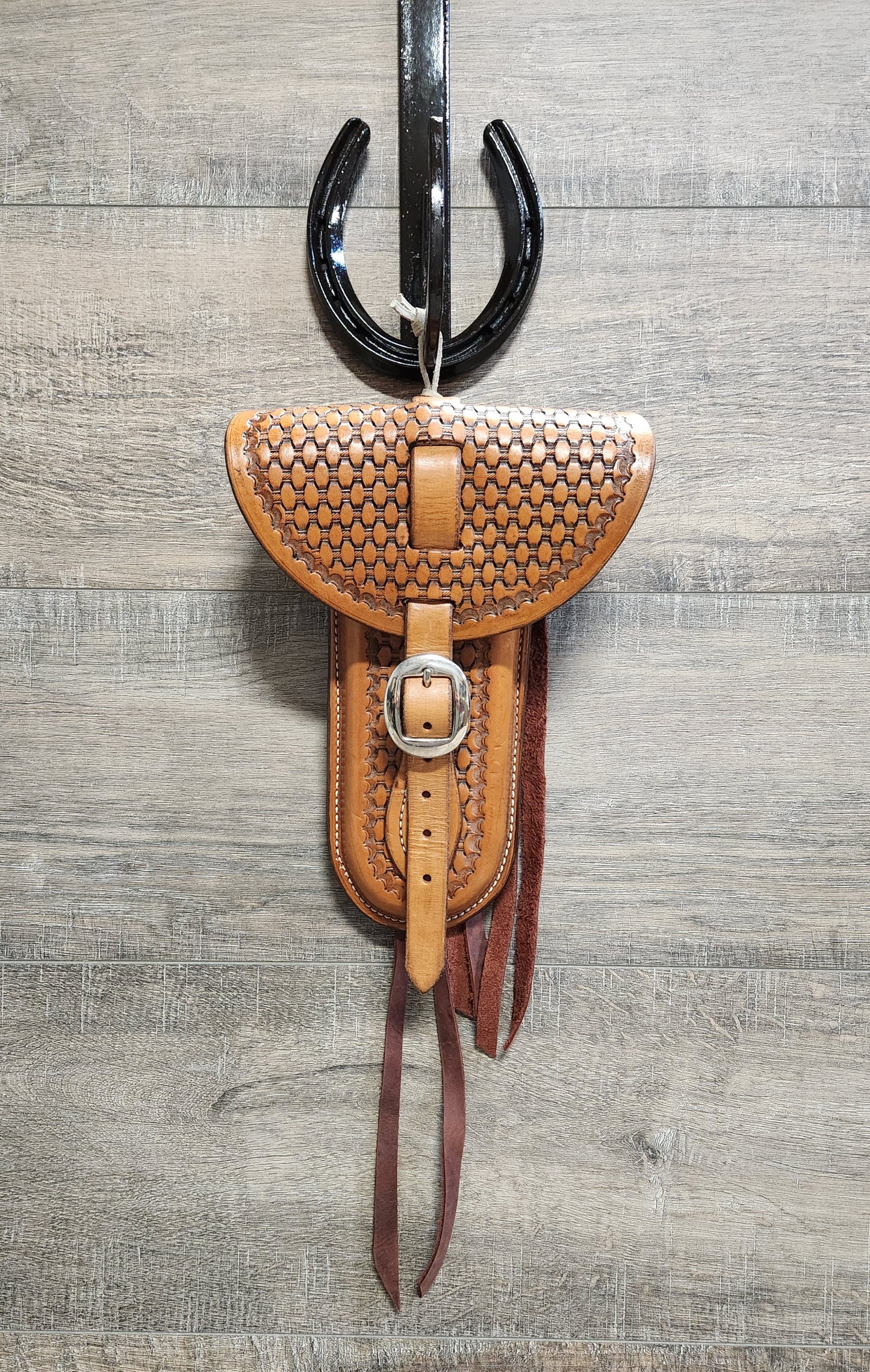 Leather Fence Plier Case with Basket Weave Tooling in a Medium Brown Finish