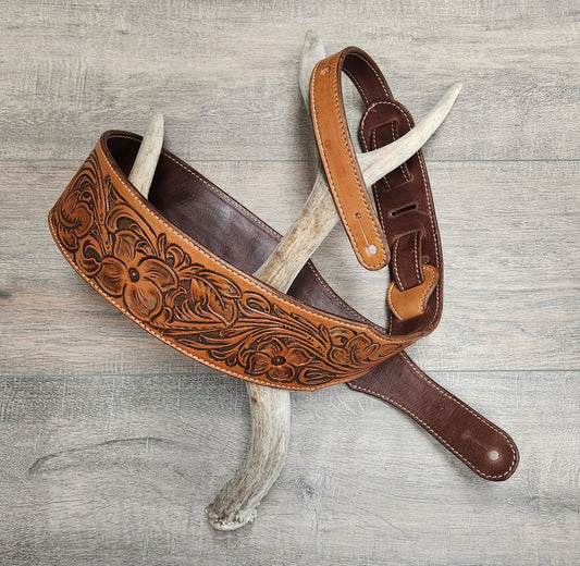 Leather Guitar Strap with Floral Tooling in a Medium Brown Finish