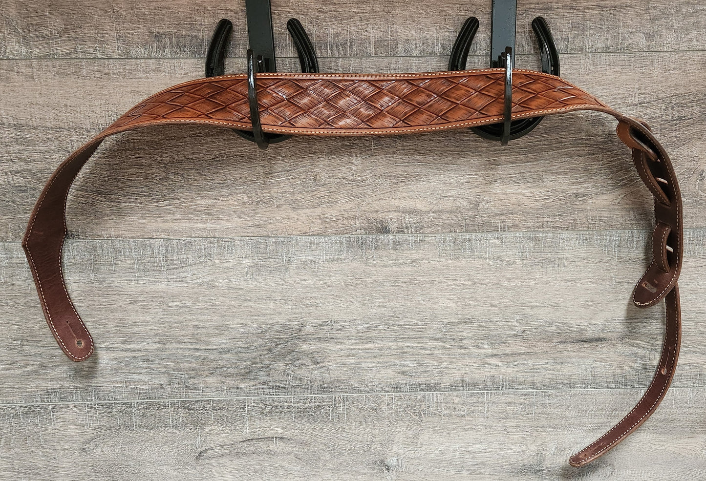 Leather Guitar Strap with Basket Weave Tooling in Medium Brown Finish